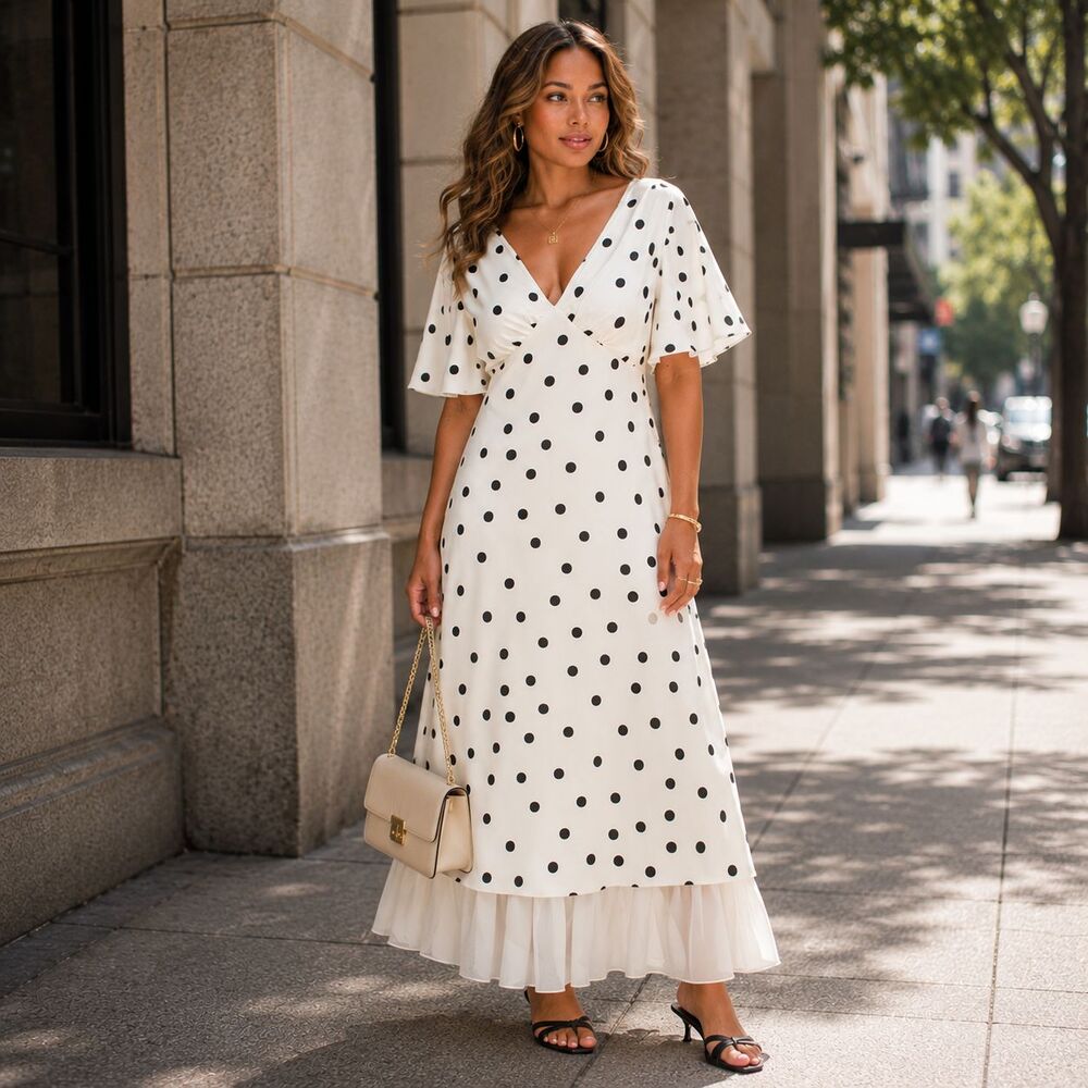 REVOLVE EN SAISON Women’s NWOT Maxi Dress SMALL Polka Dot Flutter Sleeve‎ Tiered
